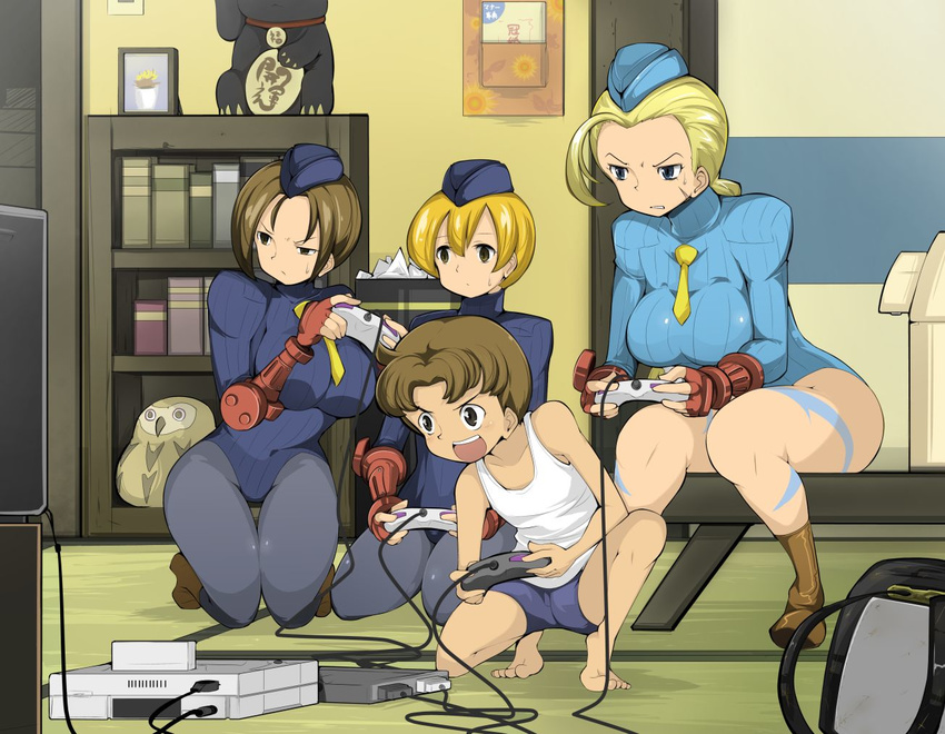 3girls ahoge blonde_hair breasts brown_hair cammy_white commentary_request controller game_console game_controller gamepad garrison_cap hat juli juni kasugano_tsukushi kneeling large_breasts leotard multiple_girls name_john necktie pantyhose playing_games ribbed_leotard scar sega_saturn short_hair shorts sitting street_fighter street_fighter_zero_(series) sweatdrop tank_top thigh_gap wariza