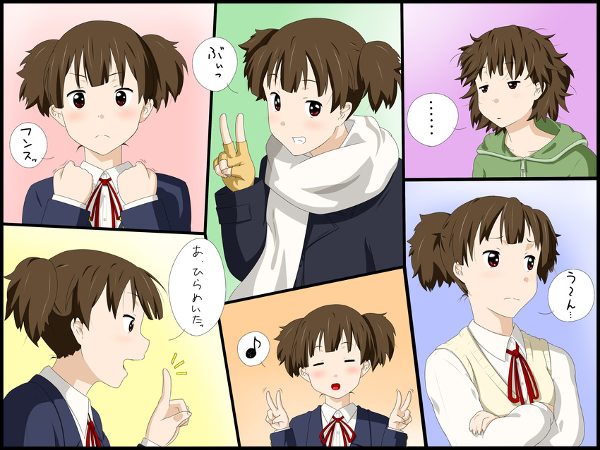 absurdres bad_id bad_pixiv_id brown_eyes brown_hair character_sheet crossed_arms double_v expressions fingerless_gloves gloves grin highres k-on! messy_hair niwatazumi scarf school_uniform short_hair short_twintails sleepy smile suzuki_jun twintails v