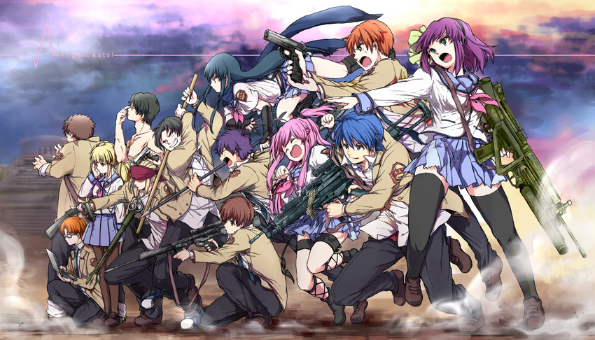 6+boys :q adjusting_eyewear ammunition angel_beats! bandana black_hair black_legwear blazer blonde_hair blue_eyes blue_hair boots brown_eyes brown_hair closed_eyes computer cuffs everyone fang fujimaki_(angel_beats!) glasses green_eyes grin gun hair_ribbon hairband handcuffs handgun headset highres hinata_(angel_beats!) jacket kono_sanorou kunai laptop long_hair machine_gun matsushita microphone multiple_boys multiple_girls necktie noda_(angel_beats!) ooyama_(angel_beats!) open_mouth orange_hair otonashi_(angel_beats!) pantyhose pink_hair polearm purple_hair ribbon rifle scarf school_uniform serafuku shiina_(angel_beats!) shirtless smile sniper_rifle squatting standing takamatsu takeyama_(angel_beats!) thighhighs tk_(angel_beats!) tongue tongue_out twintails weapon yui_(angel_beats!) yuri_(angel_beats!) yusa_(angel_beats!)