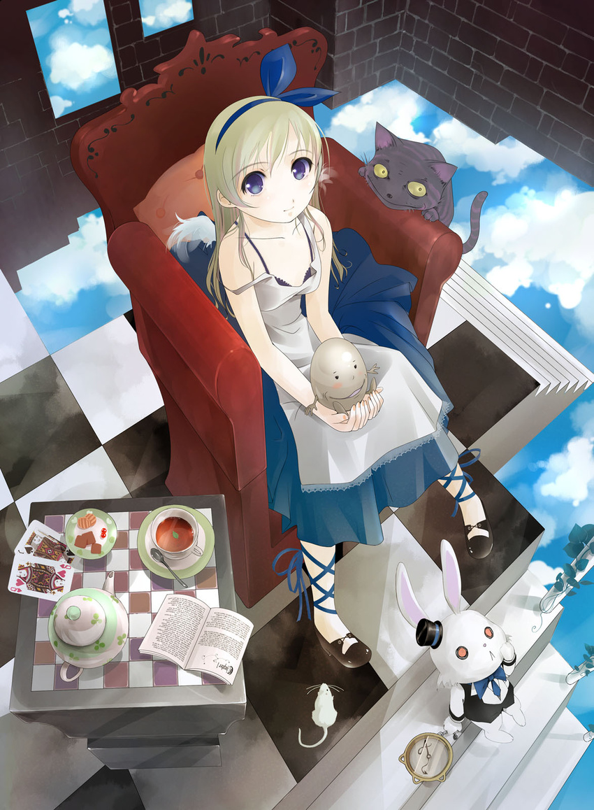alice_(wonderland) alice_in_wonderland apron book card cat chair checkered cheshire_cat clock cloud day dormouse from_above hairband hat highres humpty_dumpty looking_up lying_card mini_hat mini_top_hat pastry pillow sitting sky stairs tea tea_set top_hat white_rabbit wings yurikuta_tsukumi