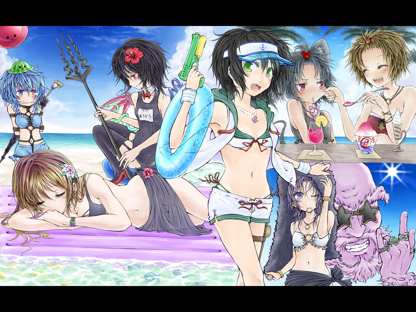 \m/ adapted_costume animal_ears bdsm beach bikini bondage bound bracelet closed_eyes commentary_request day drink flower front-tie_top gag gagged hair_flower hair_ornament heterochromia hibiscus highres hijiri_byakuren houjuu_nue innertube jewelry kumoi_ichirin letterboxed multiple_girls murasa_minamitsu nazrin necklace o-ring o-ring_top outdoors polearm sandaime shaved_ice shibari side-tie_bikini sky spoon sunglasses swimsuit tatara_kogasa toramaru_shou touhou trident tropical_drink ufo undefined_fantastic_object unzan visor_cap water_gun weapon