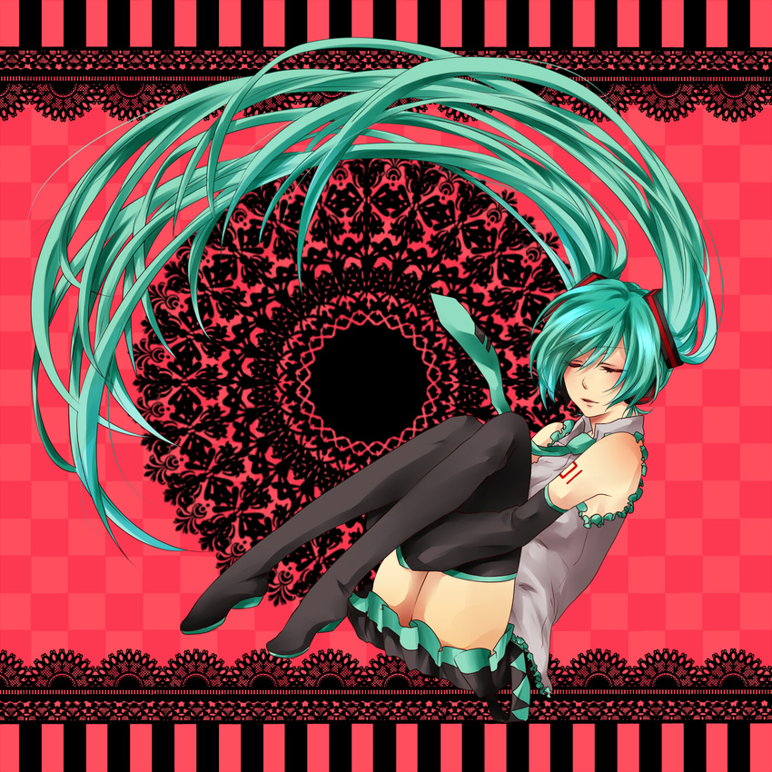 aqua_hair bad_id bad_pixiv_id closed_eyes detached_sleeves floating floating_hair hatsune_miku highres long_hair necktie rico_(fbn3) sitting skirt solo thighhighs twintails very_long_hair vocaloid