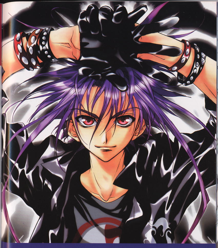 bracelet dark_mousy dnangel gloves highres jewelry male_focus official_art purple_hair red_eyes scan scan_artifacts solo sugisaki_yukiru