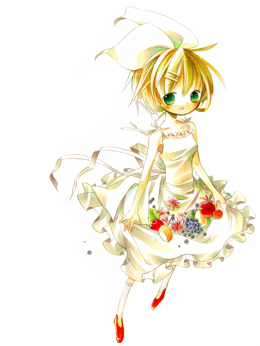 akisame_kou apple bad_id bad_pixiv_id blonde_hair blue_eyes chibi dress food fruit grapes hair_ornament hairclip highres kagamine_rin ribbon short_hair solo vocaloid