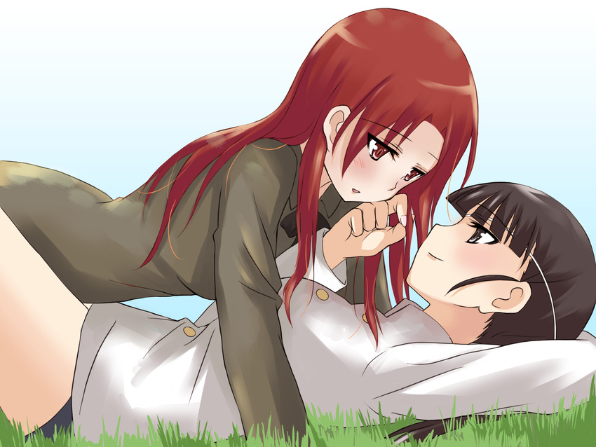 black_eyes black_hair blush couple girl_on_top grass highres kanata_(sentiment) long_hair lying minna-dietlinde_wilcke multiple_girls on_back red_eyes red_hair sakamoto_mio strike_witches world_witches_series yuri