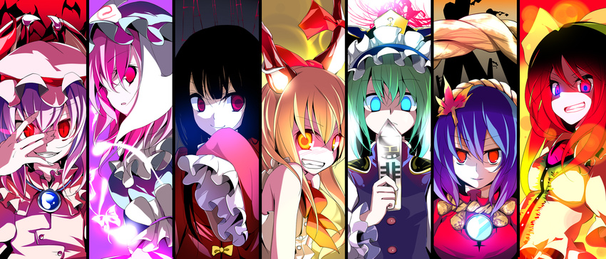 bad_id bad_pixiv_id bat bat_wings black_hair blonde_hair blue_eyes blue_hair bow brooch brown_hair column_lineup flower green_hair grin hair_bow hair_ornament hat highres horn_ribbon horns houraisan_kaguya ibuki_suika jewelry leaf_hair_ornament long_hair mirror multiple_girls oouso pink_hair purple_eyes purple_hair red_eyes reiuji_utsuho remilia_scarlet ribbon rod_of_remorse rope saigyouji_yuyuko shiki_eiki shimenawa short_hair sleeves_past_wrists slit_pupils smile spider_lily stage_connection third_eye touhou upper_body wings yasaka_kanako