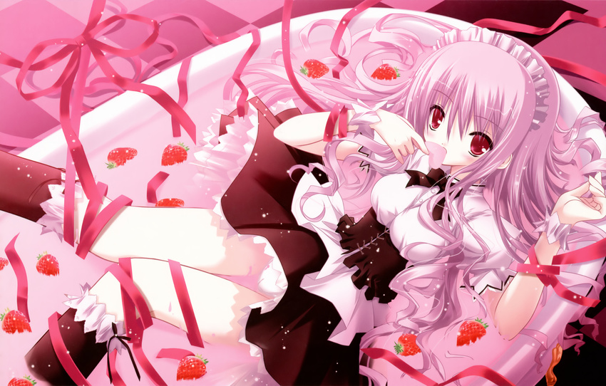 absurdres bath copyright_request food fruit highres maid pink_hair red_eyes ribbon solo strawberry tinker_bell