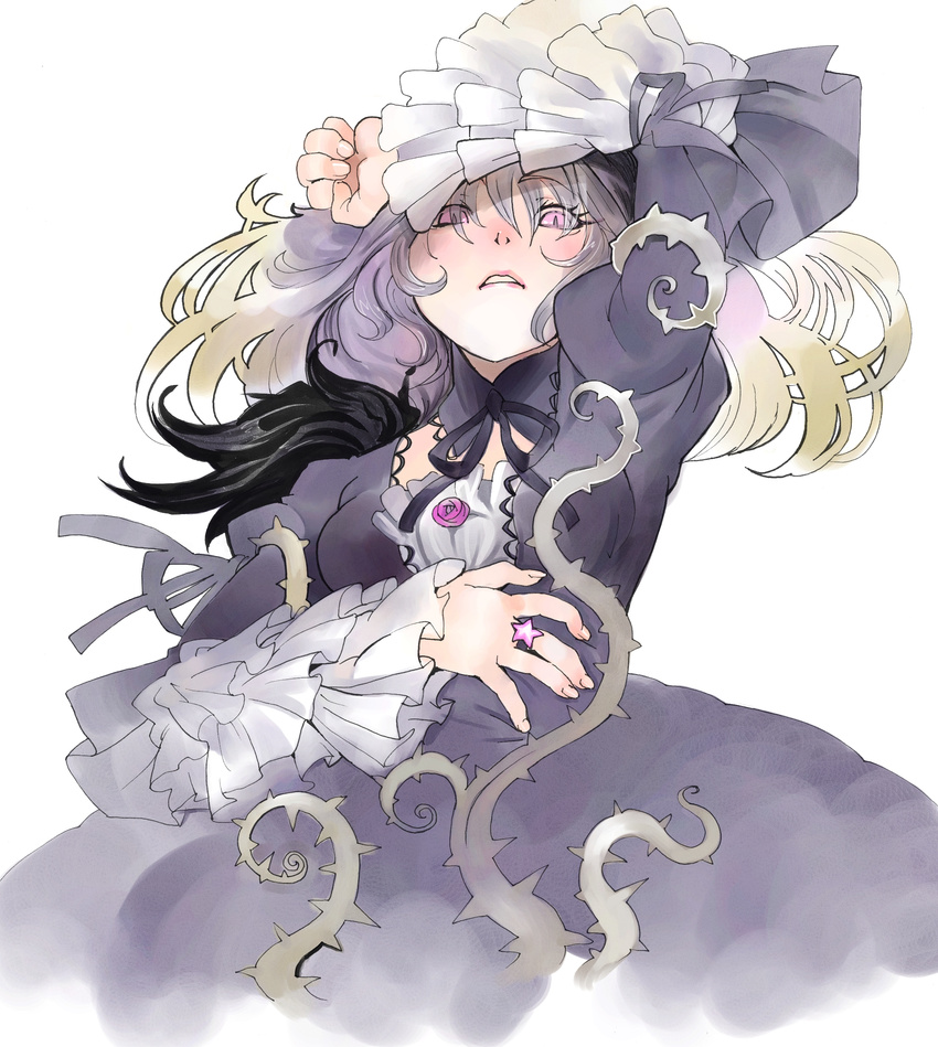 absurdres dress frills highres jewelry long_hair moruga plant purple_eyes ring rozen_maiden silver_hair solo suigintou vines wings