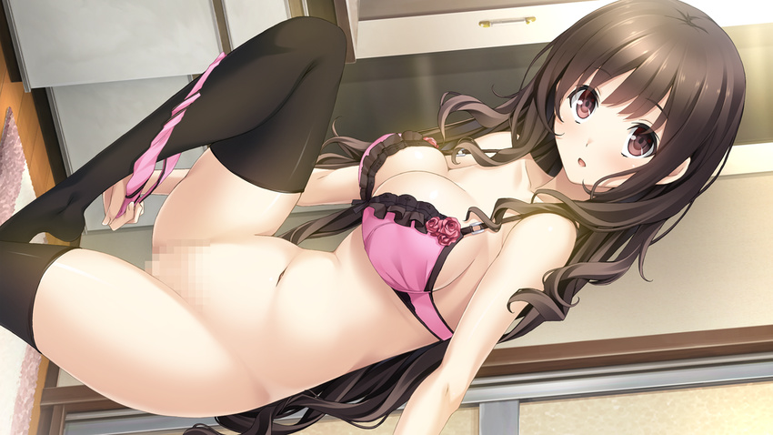 :o black_legwear blush bra brown_eyes brown_hair censored frilled_bra frills game_cg hoshimi_tsukuyo kiss_ato_kiss_will_change_my_relation_with_you long_hair looking_at_viewer mikoto_akemi mosaic_censoring navel no_shoes official_art panties panties_around_one_leg pink_panties pussy solo thighhighs underwear undressing