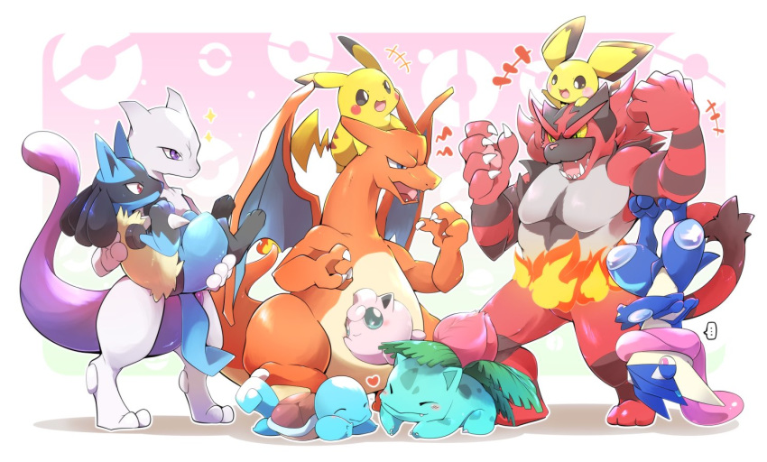 azuma_minatsu black_hair blue_eyes brown_hair carrying charizard claws creatures_(company) eyes_closed fire full_body furry game_freak gen_1_pokemon gen_2_pokemon gen_3_pokemon gen_4_pokemon gen_5_pokemon gen_6_pokemon gen_7_pokemon greninja heart incineroar ivysaur jigglypuff legendary_pokemon lucario mewtwo multiple_boys ninja nintendo no_humans open_mouth pichu pikachu poke_ball pokemon pokemon_(creature) pokemon_(game) pokemon_bw pokemon_dppt pokemon_rgby pokemon_sm pokemon_xy red_eyes scarf shell smile squirtle super_smash_bros. super_smash_bros._ultimate tail teeth tongue tongue_out wings yellow_sclera