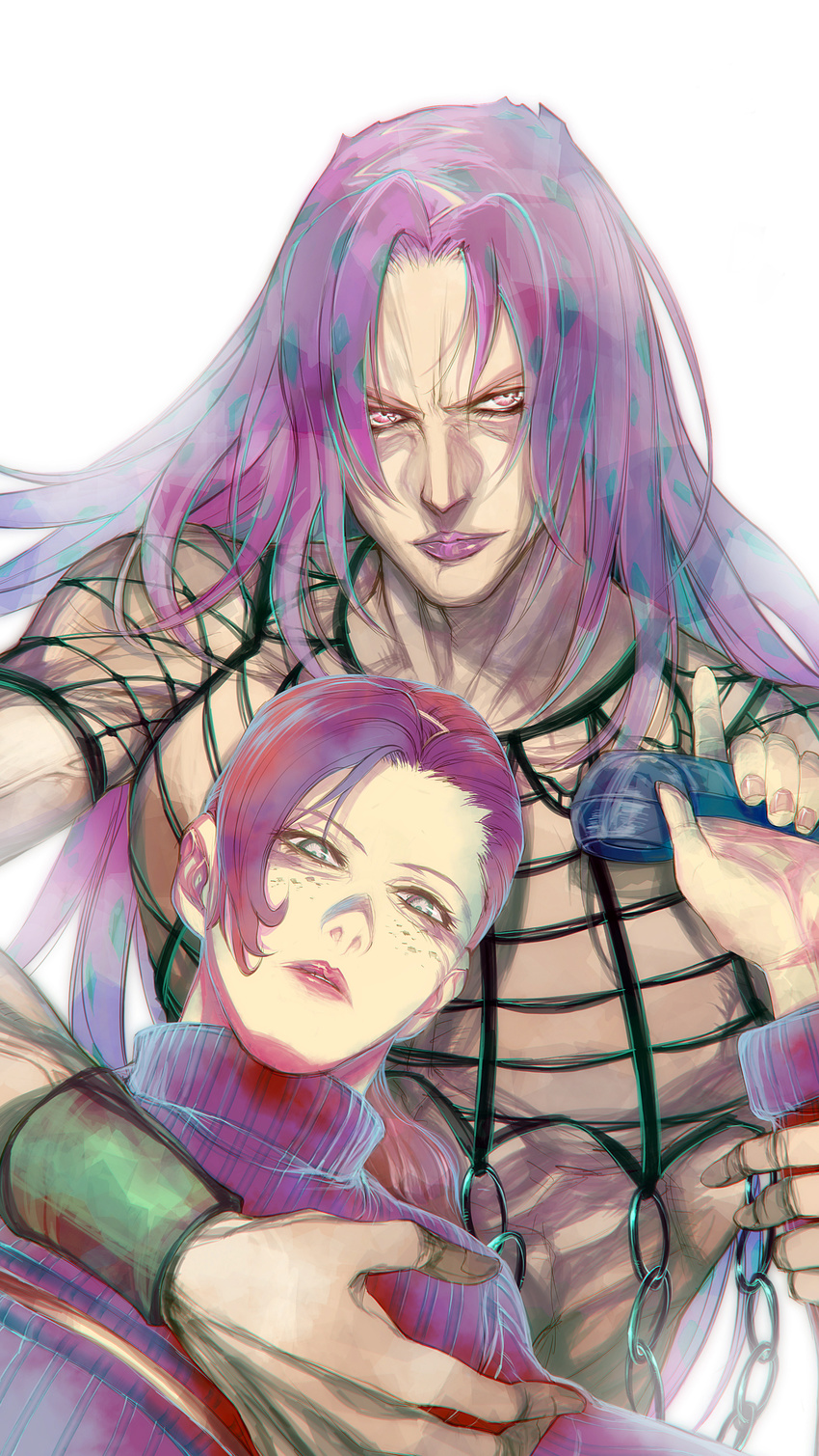 absurdres airon_(ironboy1203) diavolo freckles highres jojo_no_kimyou_na_bouken long_hair multiple_boys ponytail purple_hair vinegar_doppio yellow_eyes