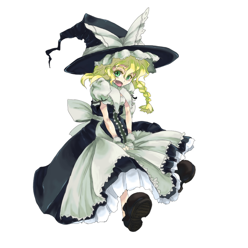 alternate_eye_color apron blonde_hair boots braid dress green_eyes hat highres kirisame_marisa long_dress long_hair marupon open_mouth puffy_short_sleeves puffy_sleeves short_sleeves single_braid solo touhou waist_apron witch_hat wrist_cuffs