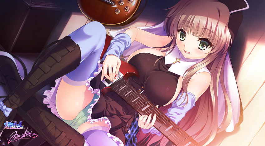 blush boots breasts brown_hair cross green_eyes guitar hozumi_kaoru instrument kashiwara_sarina kira_kira long_hair nun panties underwear