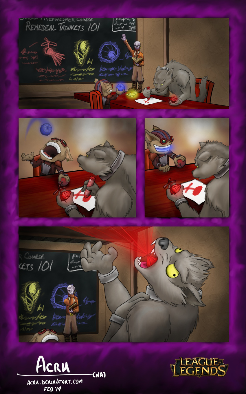 bomb canine chalkboard classroom comic crayon digital digital_art facepalm fur humanoid lasers league_of_legends male mammal ryze trinket warwick yordle ziggs