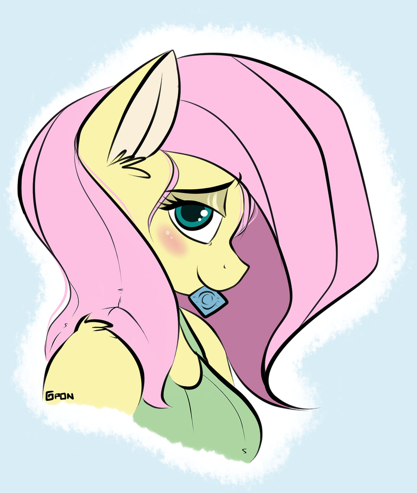 anthro anthrofied blush clothing condom equine female fluttershy_(mlp) friendship_is_magic fur gigapon hair hi_res horse long_hair looking_at_viewer mammal my_little_pony pink_hair pony smile solo yellow_fur