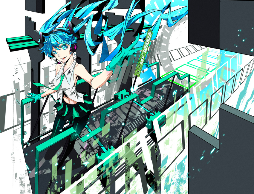 1girl female firecel gloves hatsune_miku highres long_hair necktie pleated pleated_skirt short_sleeves skirt sleeveless smile solo twintails vocaloid