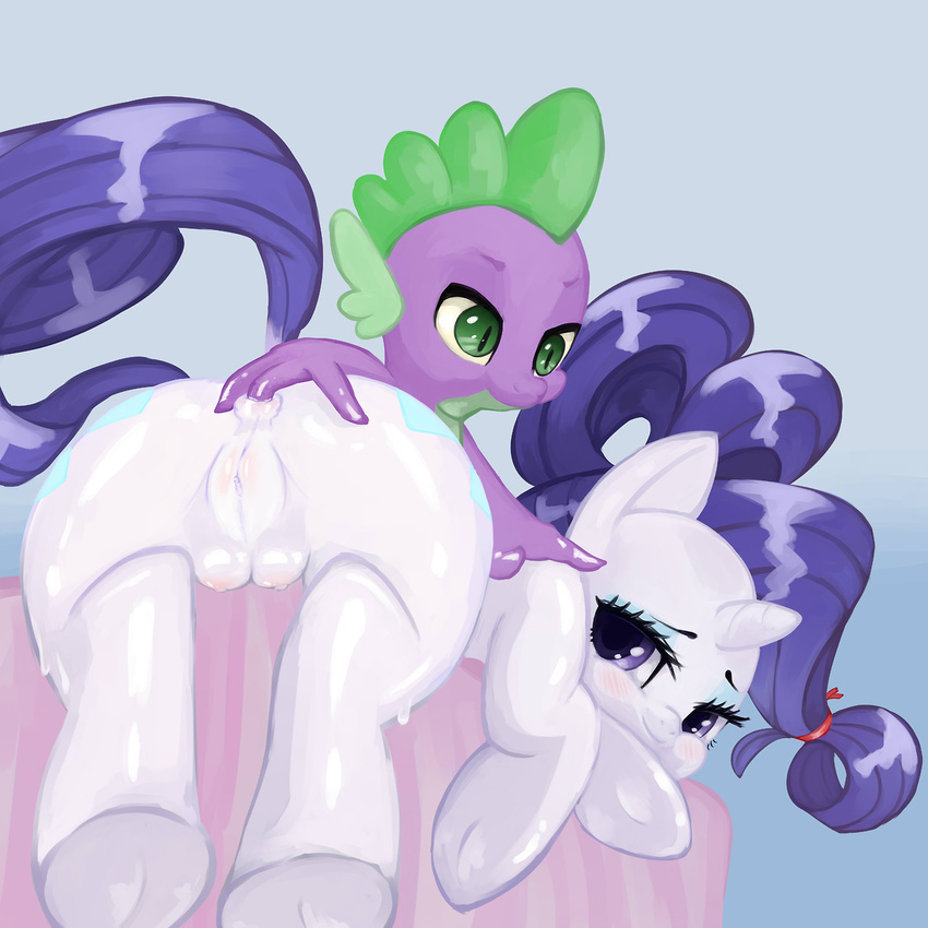 alternate_hairstyle anal anal_fingering anus butt cub cutie_mark dragon duo equine eyeshadow female feral fingering friendship_is_magic fur green_eyes hair horn horse looking_at_viewer lying makeup male mammal my_little_pony on_front pony ponylicking purple_hair pussy rarity_(mlp) simple_backgroud simple_background smile spike_(mlp) straight teats unicorn white_fur young