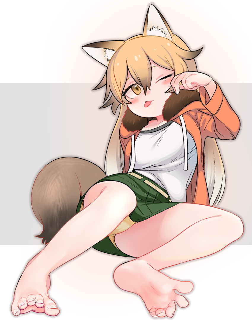 1girl ;p animal_ear_fluff animal_ears arm_up bangs bare_legs barefoot belt blonde_hair blush border drawstring eyebrows_visible_through_hair ezo_red_fox_(kemono_friends) feet foot_focus fox_ears fox_girl fox_tail full_body fur-trimmed_hood fur_trim gradient_hair green_skirt grey_background hair_between_eyes head_tilt highres hood hooded_jacket jacket kemono_friends kemono_friends_3 long_hair long_sleeves looking_at_viewer looking_to_the_side miniskirt multicolored_hair official_alternate_costume one_eye_closed open_clothes open_jacket orange_jacket outside_border panties pantyshot rubbing_eyes shirt sitting skirt soles solo spread_toes tail toenails toes tongue tongue_out tranqu underwear white_border white_shirt yellow_belt yellow_eyes yellow_panties