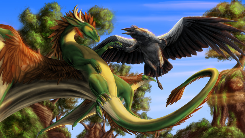 amber_eyes avian bird claws crow dragon flying forest hi_res horn jackrow sunlight tree verd wings