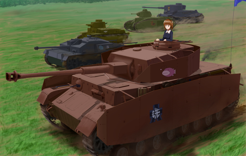 1girl anglerfish brown_hair caterpillar_tracks char_b1 day emblem flag fokker girls_und_panzer grass ground ground_vehicle highres military military_vehicle motor_vehicle nishizumi_miho ooarai_(emblem) ooarai_military_uniform panzerkampfwagen_iv shirt sturmgeschutz_iii tank tiger_(p) type_89_i-gou