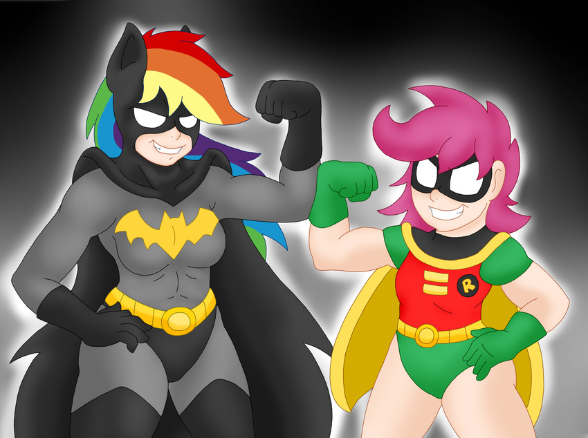 avian batman bird blackbewhite2k7 crossover duo friendship_is_magic human humanized my_little_pony parody rainbow_dash_(mlp) robin scootaloo_(mlp)