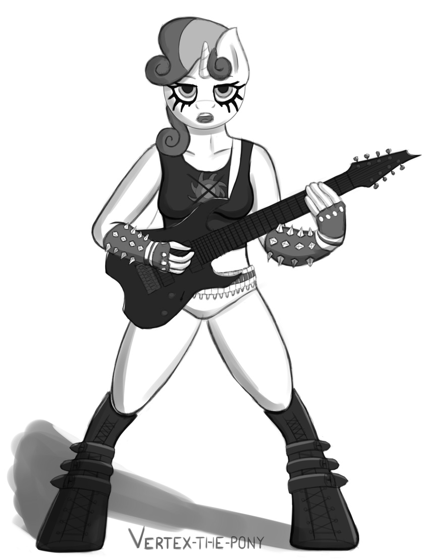 ammo_belt anthro anthrofied clothing electric_guitar equine female fingerless_gloves friendship_is_magic gloves greyscale hair hi_res holding horn horse looking_at_viewer mammal monochrome my_little_pony open_mouth panties pony shadow solo standing sweetie_belle_(mlp) underwear unicorn vertex