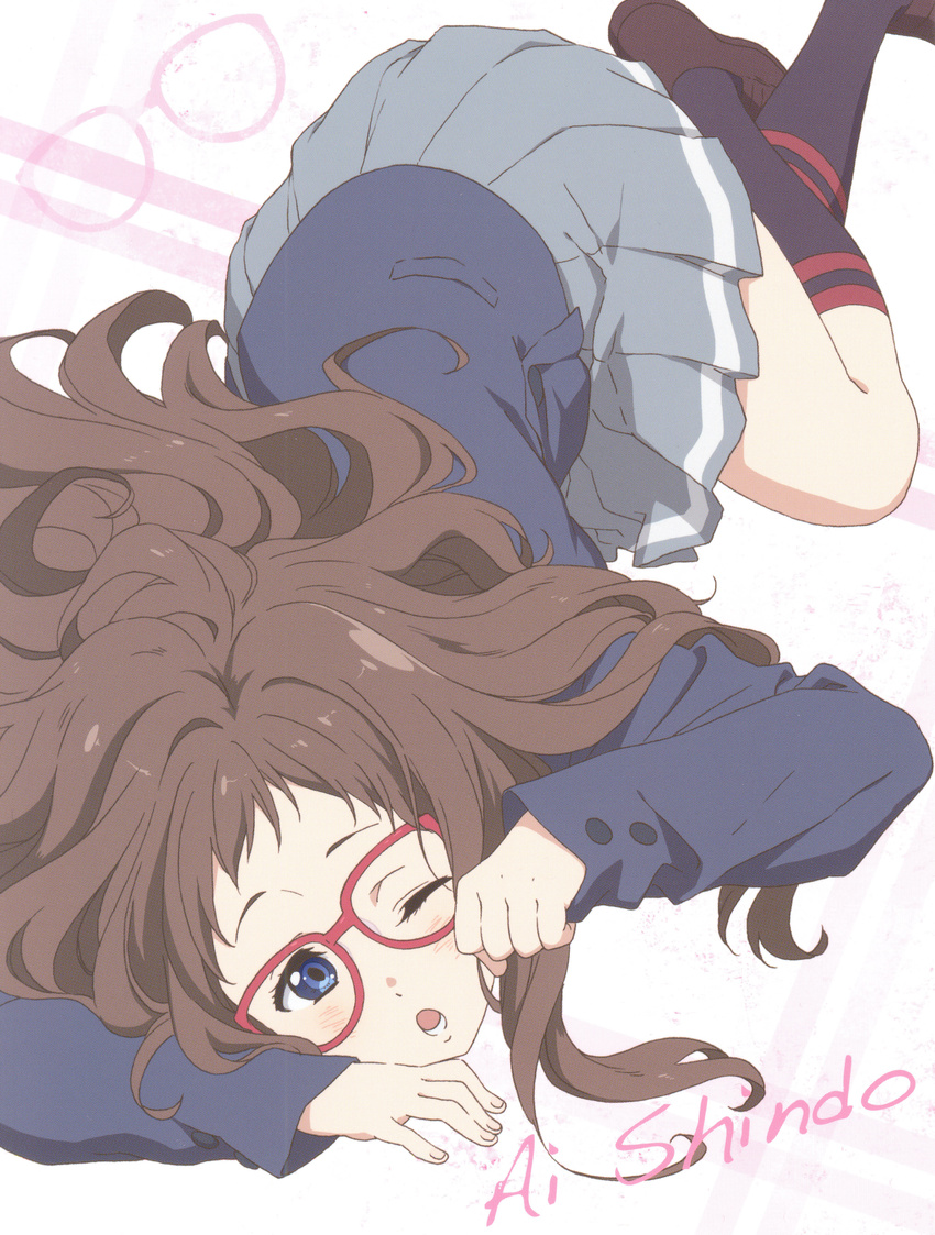 ;o absurdres artist_request bespectacled blue_eyes brown_hair character_name glasses highres kyoukai_no_kanata long_hair official_art one_eye_closed school_uniform shindou_ai skirt solo