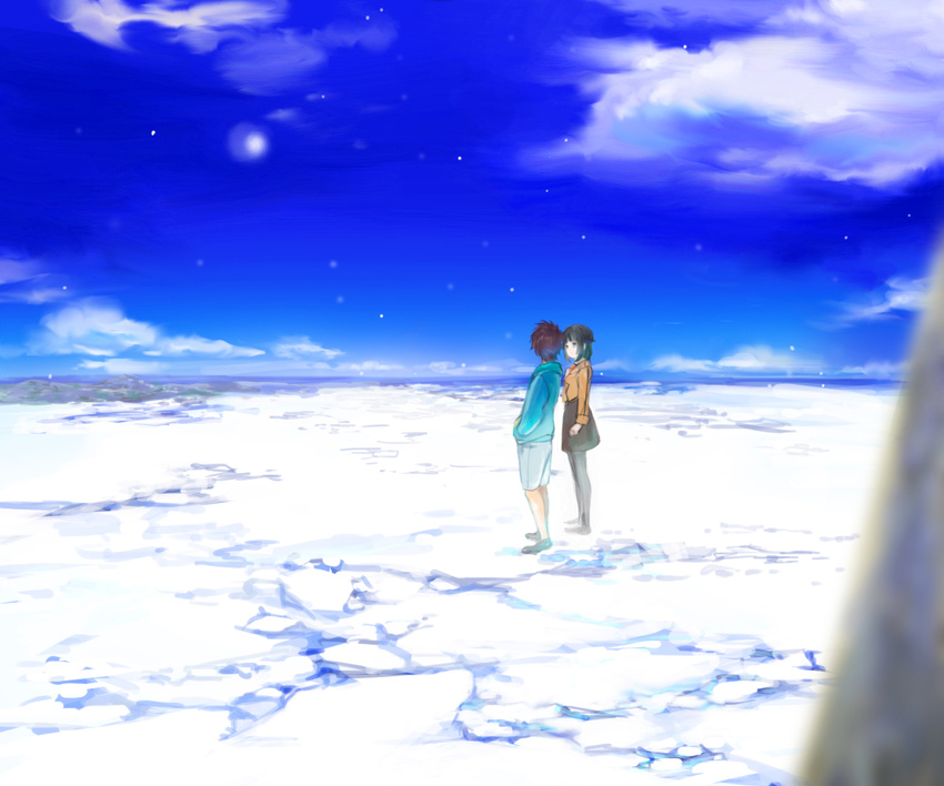 1girl black_hair blazer brown_hair casual cloud day frozen hood hoodie ice jacket nagi_no_asukara ocean pantyhose sakishima_hikari scenery school_uniform shiodome_miuna shorts sky water