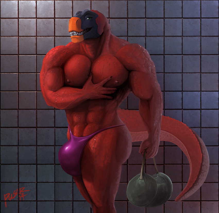 anthro biceps big_muscles black_skin bulge claws fangs green_eyes grin looking_at_viewer male moobs muscles nipples pec_grasp pecs pose pulsar pulsar_(character) red_skin reptile scales scalie smile solo standing teeth thong toned topless tyrannosaurus underwear vein