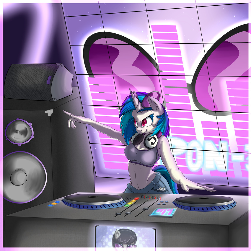 absurd_res anthro anthrofied blue_hair breasts cleavage clothed clothing equine eyewear female friendship_is_magic glasses hair headphones hi_res horse mammal musical_note my_little_pony octavia_(mlp) pointing pony purple_eyes record_player sound_bars speakers standing sunglasses turntable two_tone_hair vicse vinyl_scratch_(mlp)