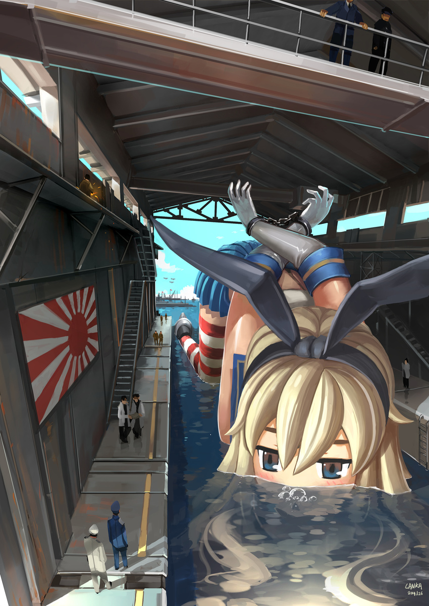 2014 :&lt; admiral_(kantai_collection) air_bubble arms_behind_back artist_name bdsm blonde_hair blue_eyes blush bondage bound bound_wrists bubble cloud commentary_request cuffs dated day dock elbow_gloves flag giantess gloves hairband handcuffs highres jitome kantai_collection long_hair luanluan midriff miniskirt open_mouth partially_submerged pleated_skirt red_legwear rising_sun sailor_collar shimakaze_(kantai_collection) signature skirt sleeveless stairs standing striped striped_legwear sunburst thighhighs too_literal top-down_bottom-up triangle_mouth water white_gloves