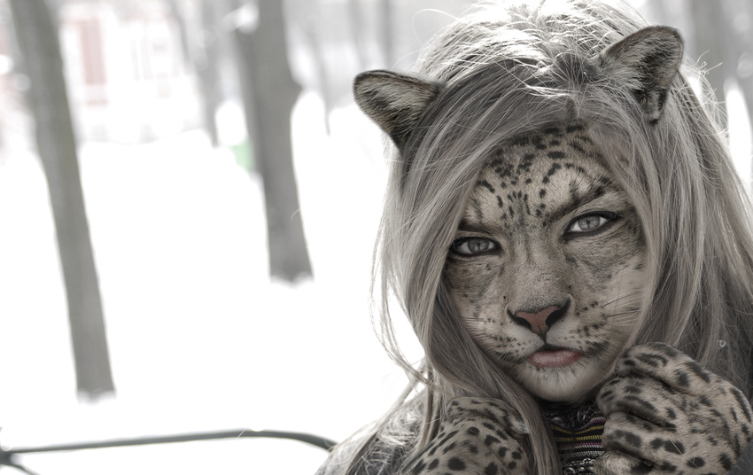 edit feline female grey_eyes grey_hair hair leopard looking_at_viewer mammal odysseusut outside photo_manipulation photomorph snow_leopard solo spots