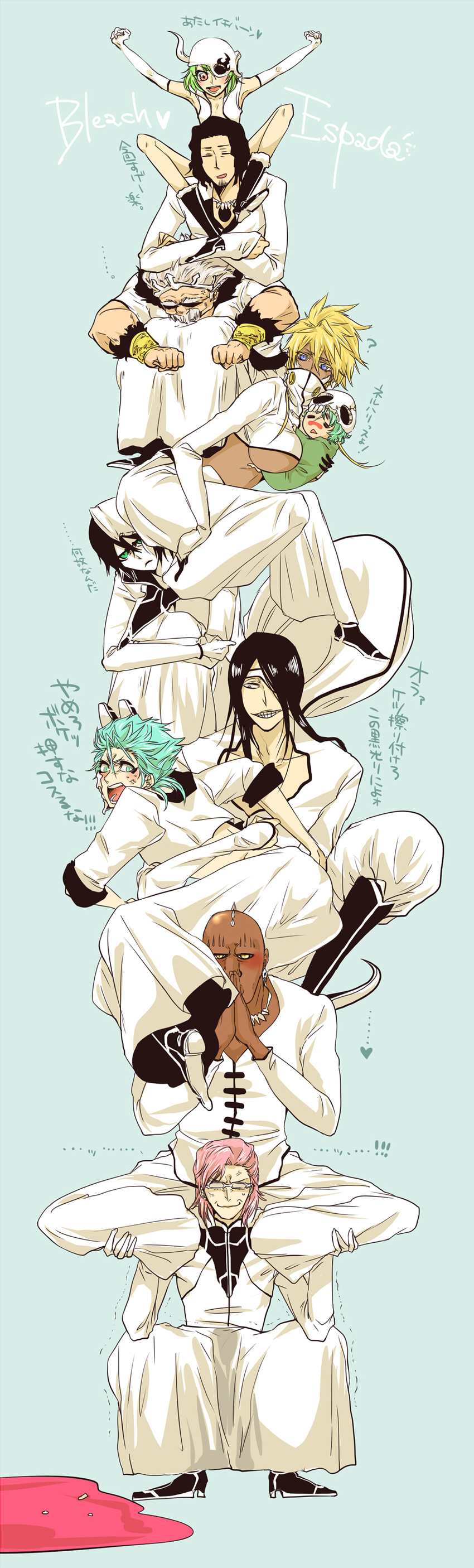 3girls 6+boys aqua_eyes aqua_hair arrancar artist_request baraggan_louisenbairn black_hair bleach blonde_hair blue_eyes brown_hair character_request coyote_starrk dark_skin espada glasses green_eyes green_hair grimmjow_jaegerjaquez knees legs lilynette_gingerbuck multiple_boys multiple_girls mustache nelliel_tu_odelschwanck nijinuma_ui nnoitra_gilga pale_skin pink_hair szayelaporro_granz tier_harribel translation_request ulquiorra_cifer white_hair zommari_rureaux