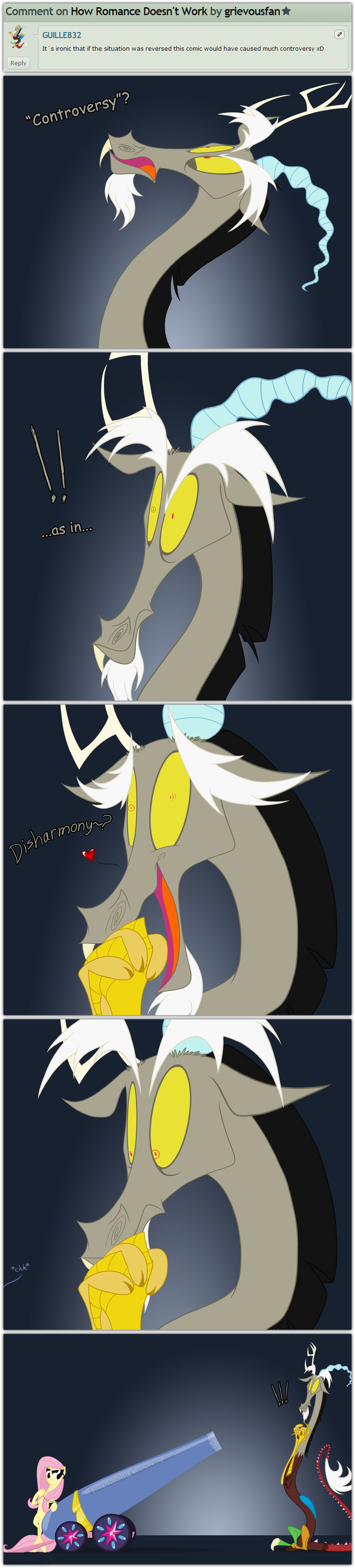 !!! &lt;3 2014 antler antlers black_hair cannon comic cutie_mark deviantart dialog discord_(mlp) draconequus english_text equine eyewear fangs female fluttershy_(mlp) friendship_is_magic glasses grievousfan hair horn horse male mammal my_little_pony pony red_eyes sitting standing sunglasses text white_hair