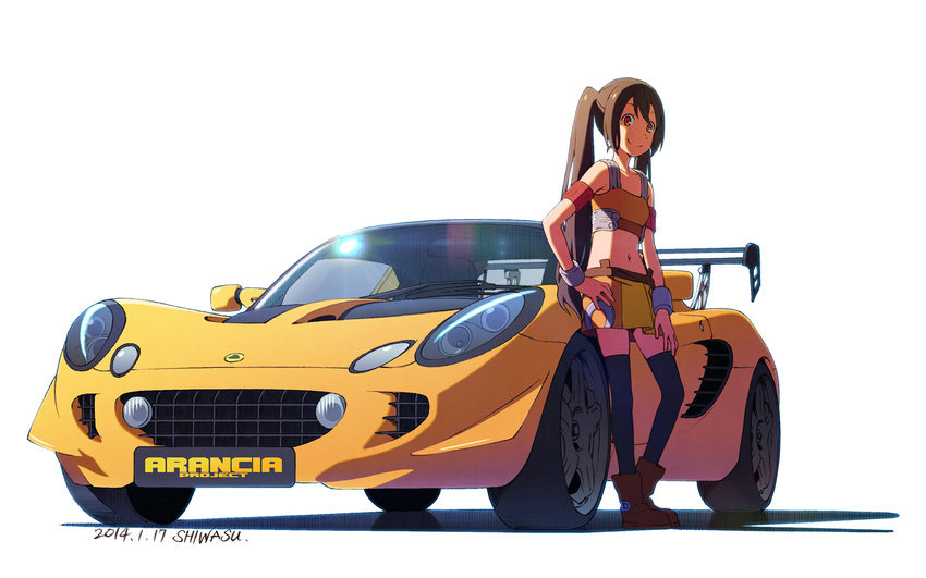 arancia armband bare_shoulders boots brown_hair car ground_vehicle highres leaning long_hair lotus_(brand) lotus_exige motor_vehicle navel orange_eyes original shiwasu_takashi simple_background smile solo thighhighs twintails very_long_hair white_background wristband zettai_ryouiki