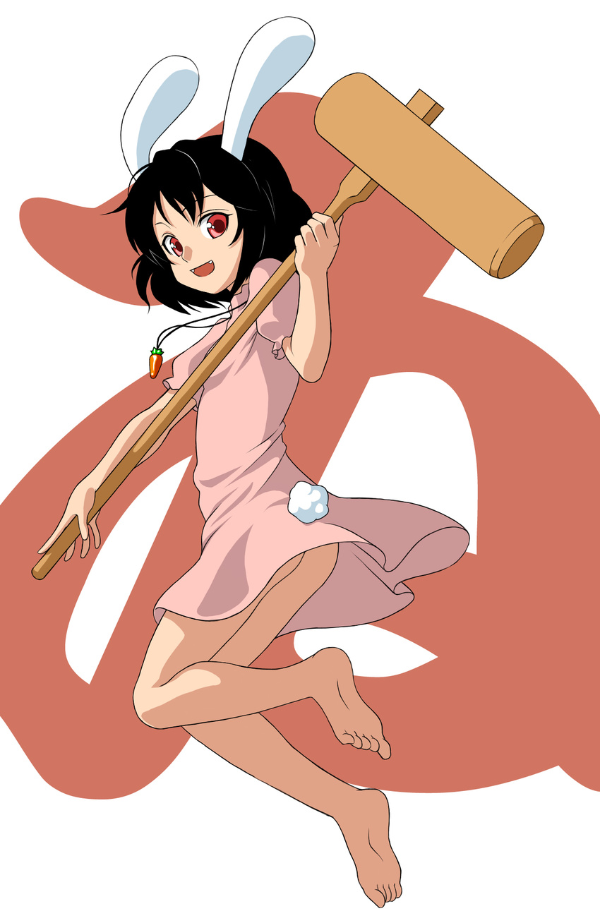 animal_ears ass bad_id bad_pixiv_id barefoot black_hair bunny_ears carrot dress fangs feet highres inaba_tewi kine mallet no_panties orochi_itto red_eyes smile solo touhou