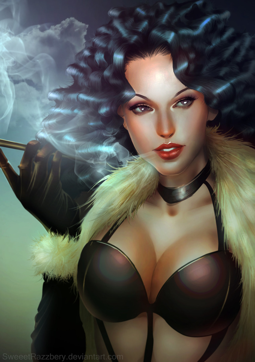 1girl alabasta baroque_works breasts cleavage curly_hair female fur_trim gloves jacket midriff miss_doublefinger one_piece paula paula_(one_piece) pipe smoking solo sweeetrazzbery