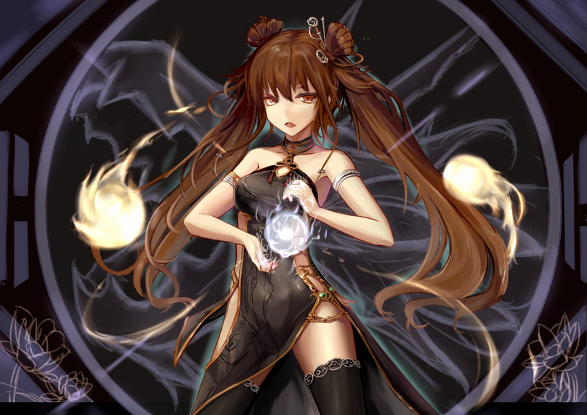 armlet bare_shoulders brown_eyes brown_hair china_dress chinese_clothes dress dungeon_and_fighter fighter_(dungeon_and_fighter) fireball hair_ornament hairpin highres long_hair nen_master_(dungeon_and_fighter) solo thighhighs twintails wangchuan_de_quanyan