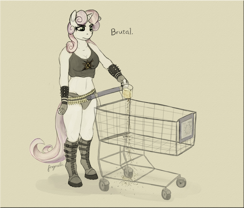 ammo_belt angerelic anthro anthrofied boots clothing english_text equine female fingerless_gloves friendship_is_magic gloves hair holding horn horse mammal metalocalypse my_little_pony panties pony pouring solo standing sweetie_belle_(mlp) text trolley underwear unicorn
