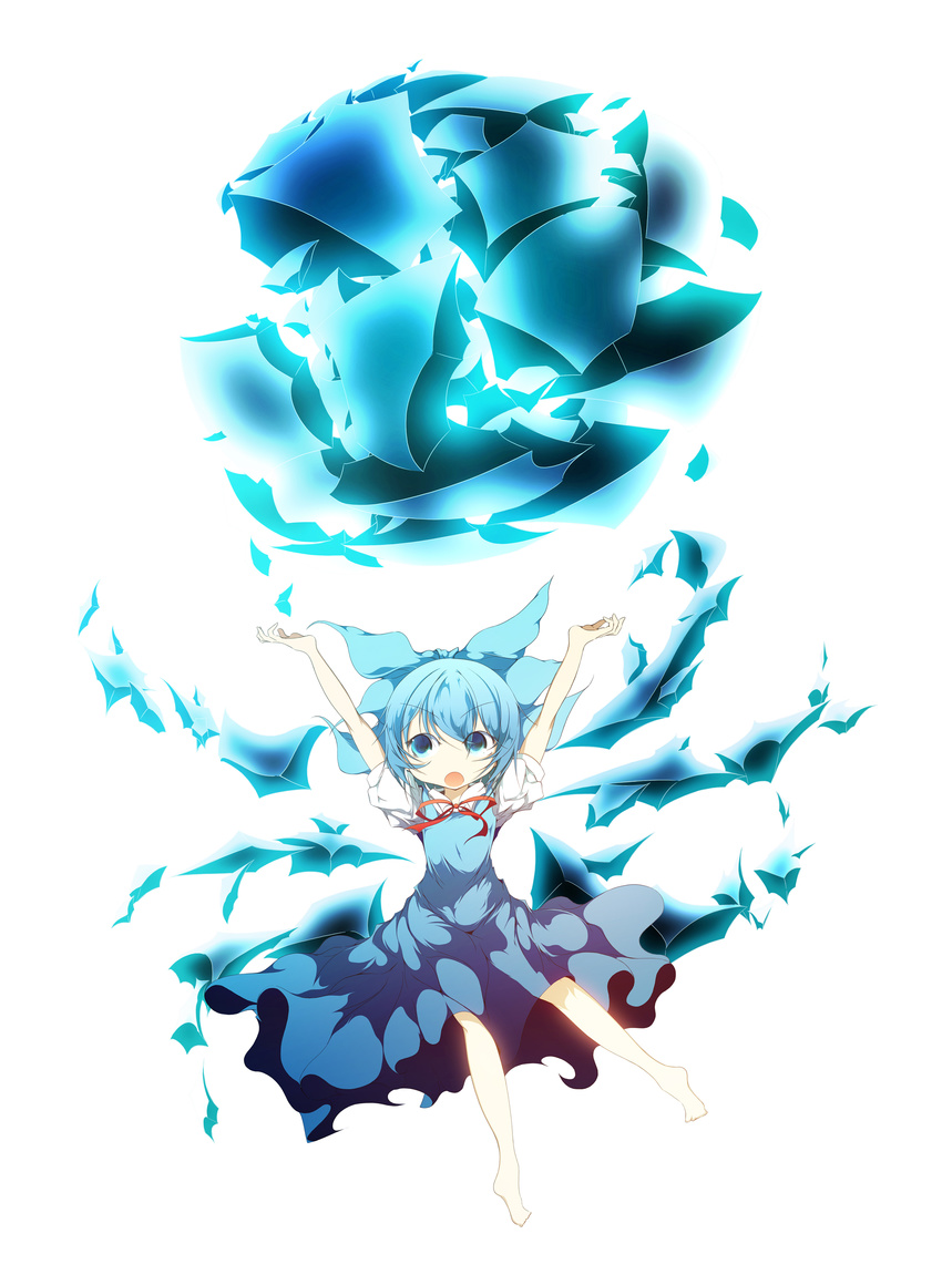 absurdres arms_up blue_eyes blue_hair bow cirno hair_bow highres ice ice_wings mashiroyu short_hair solo touhou white_background wings