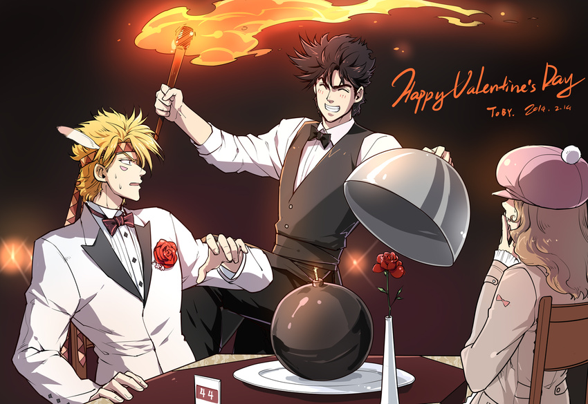 2boys bad_id bad_pixiv_id black_hair blonde_hair bomb caesar_anthonio_zeppeli corsage facial_mark feathers flower formal hair_feathers headband jojo_no_kimyou_na_bouken joseph_joestar_(young) linjie multiple_boys red_flower red_rose rose suit sweatdrop torch vest waistcoat waiter