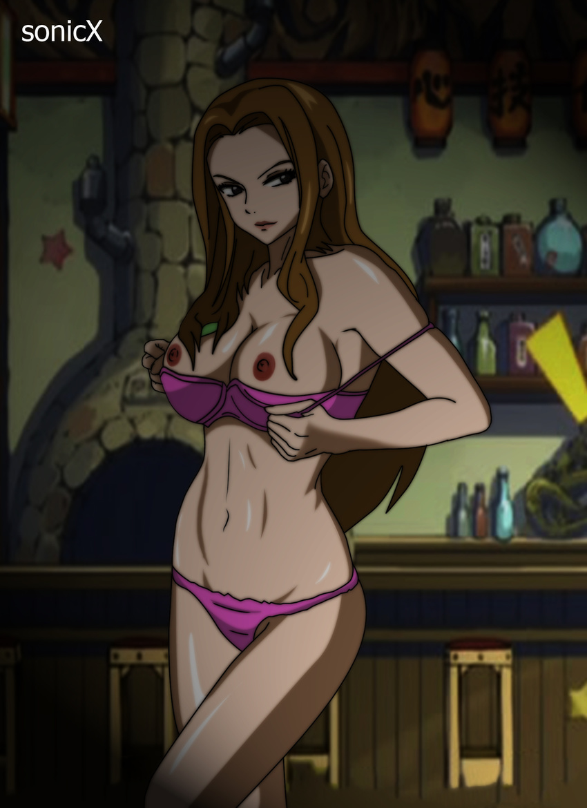 1girl areolae bra breasts evergreen fairy_tail large_breasts look_at_viewer looking_at_viewer panties pink_underwear solo sonicx standing stripped underwear undressing