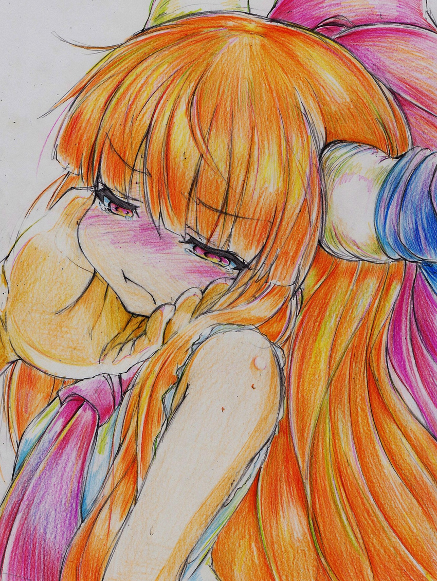 absurdres blush bow colored_pencil hair_bow hand_on_another's_cheek hand_on_another's_face highres horns ibuki_suika long_hair nichibotsu_(kitaziman) orange_hair out_of_frame pencil pout red_eyes solo_focus tears touhou