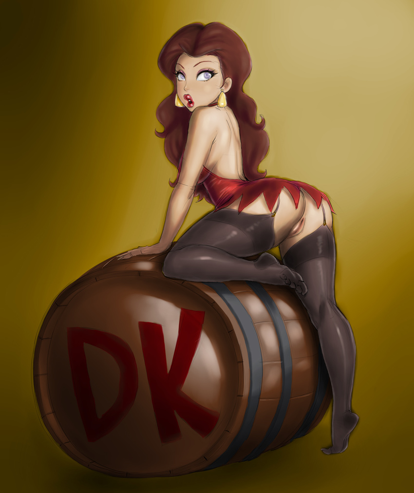 ass barrel black_legwear blue_eyes brown_hair collaboration colorized donkey_kong_(game) dress earrings eyelashes eyeshadow garter_straps highres jewelry lips lipstick lm_(legoman) long_hair makeup no_panties pauline_(mario) puckered_lips pussy red_dress short_dress solo soubriquetrouge thick_thighs thighhighs thighs tiptoes