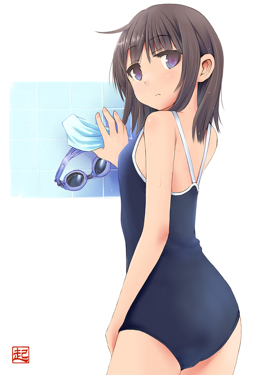 artist_name ass black_hair competition_school_swimsuit goggles goggles_removed highres looking_back okiru one-piece_swimsuit original purple_eyes school_swimsuit short_hair solo swim_cap swim_cap_removed swimsuit tile_wall tiles