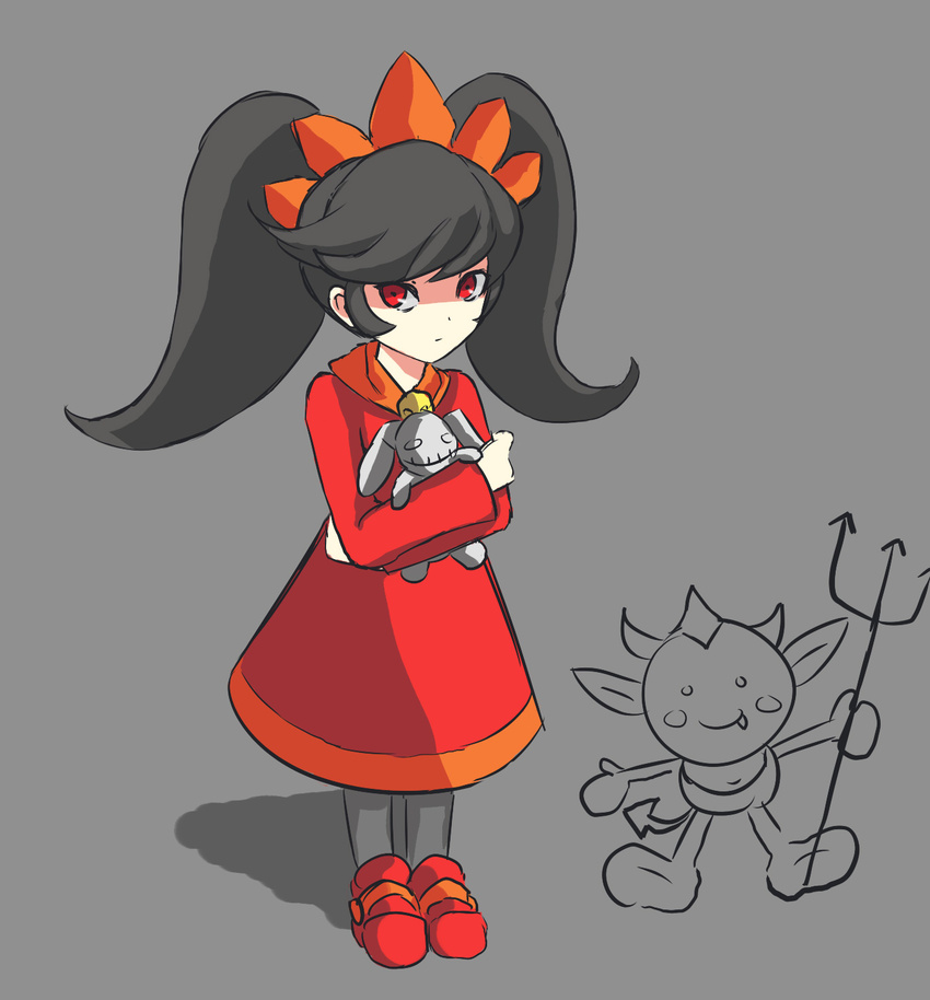 ashley_(warioware) bad_deviantart_id bad_id black_hair doll_hug dress hairband highres long_hair orange_hairband pantyhose red_(warioware) red_eyes red_seiryu solo_focus stuffed_animal stuffed_toy twintails warioware