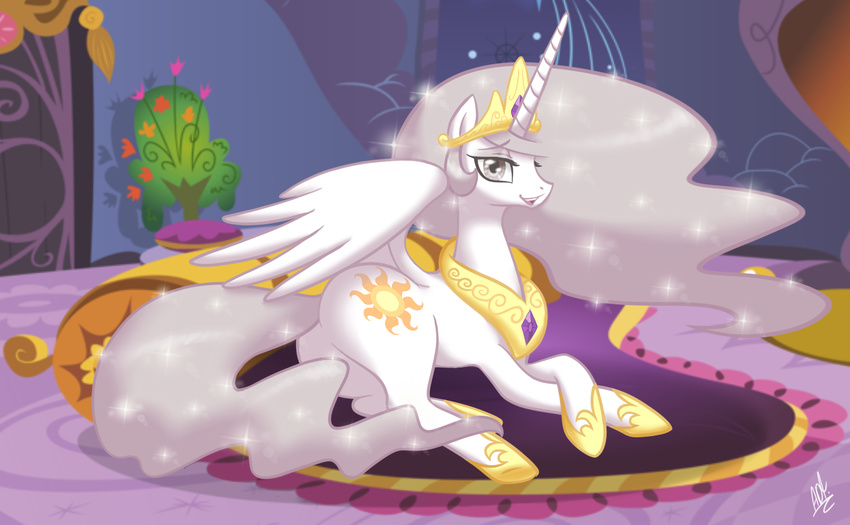 cutie_mark equine female feral friendship_is_magic hair horn horse looking_at_viewer lying mammal my_little_pony pony princess_celestia_(mlp) princess_molestia_(mlp) royalty silver_eyes silver_hair solo theyaminotenshifox tiara winged_unicorn wings