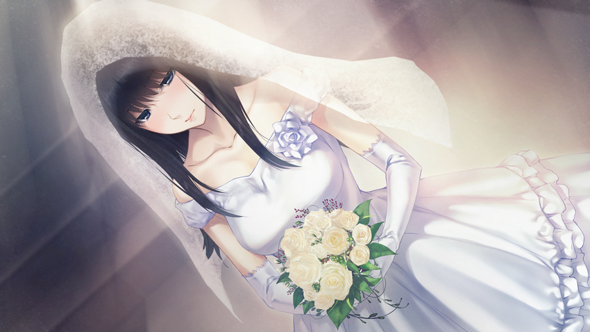 1girl bare_shoulders black_hair blue_eyes blush breasts bridal_veil bride dress elbow_gloves flower game_cg gloves highres innocent_grey kara_no_shoujo_2 kuchiki_touko large_breasts long_hair looking_at_viewer solo standing sugina_miki veil wedding_dress