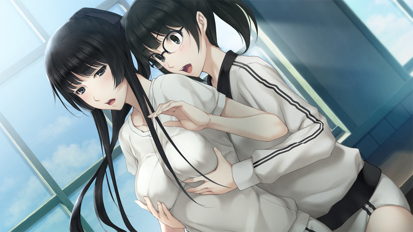 2girls black_eyes black_hair bloomers blush breast_grab breasts buruma game_cg glasses grabbing gym_uniform highres indoors innocent_grey kara_no_shoujo_2 kayahara_yukiko kohane_torii large_breasts long_hair multiple_girls open_mouth ponytail standing sugina_miki underwear window yuri