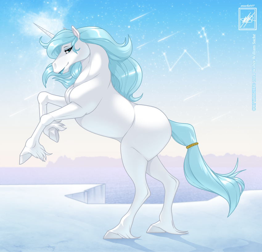 absurd_res blue_eyes blue_hair blue_lips equine eyebrows eyelashes female feral fur hair half-closed_eyes hi_res hooves horn horse lips long_hair looking_at_viewer mammal outside solo unicorn walter_sache white_fur